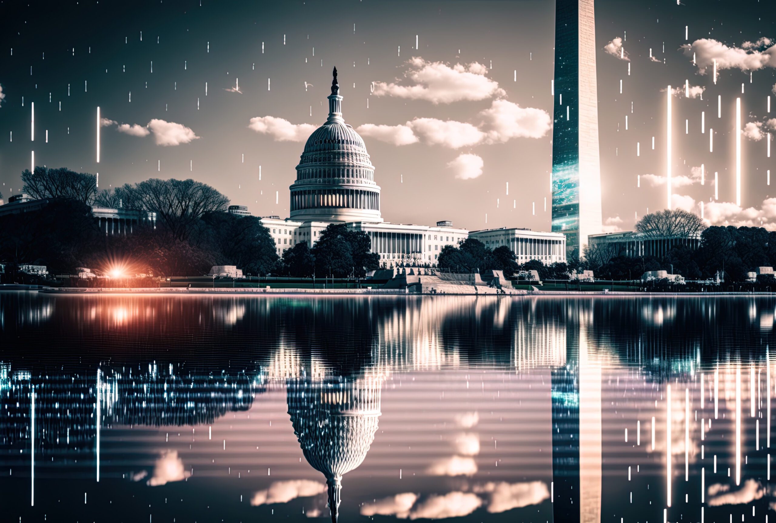 Decentralized economy Washington Monument and Capitol Building as viewed from Reflecting Pool Concept hologram for blockchain cryptography and cryptocurrencies Generative AI