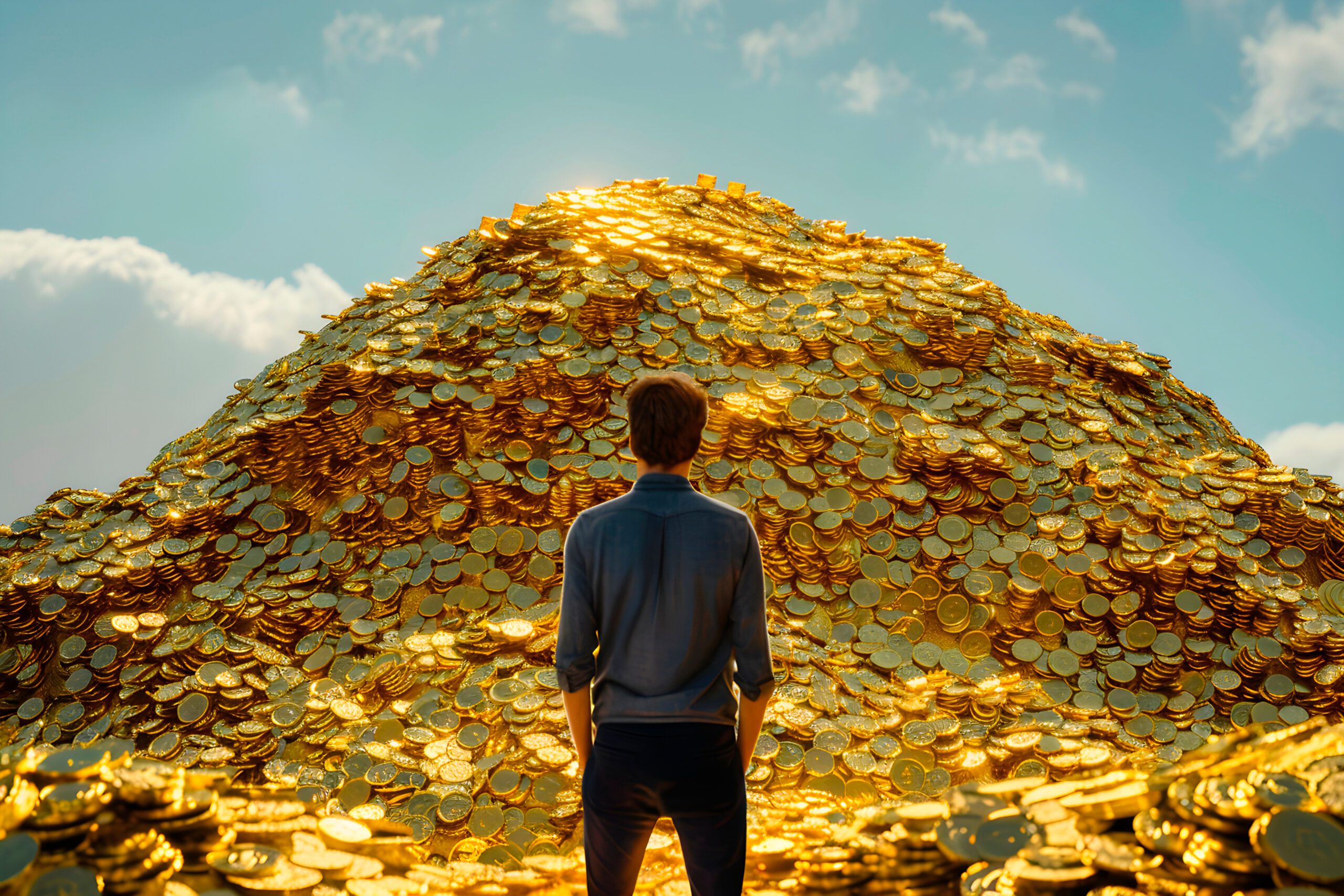 Man Standing in Front of Pile of Gold Coins Generative AI