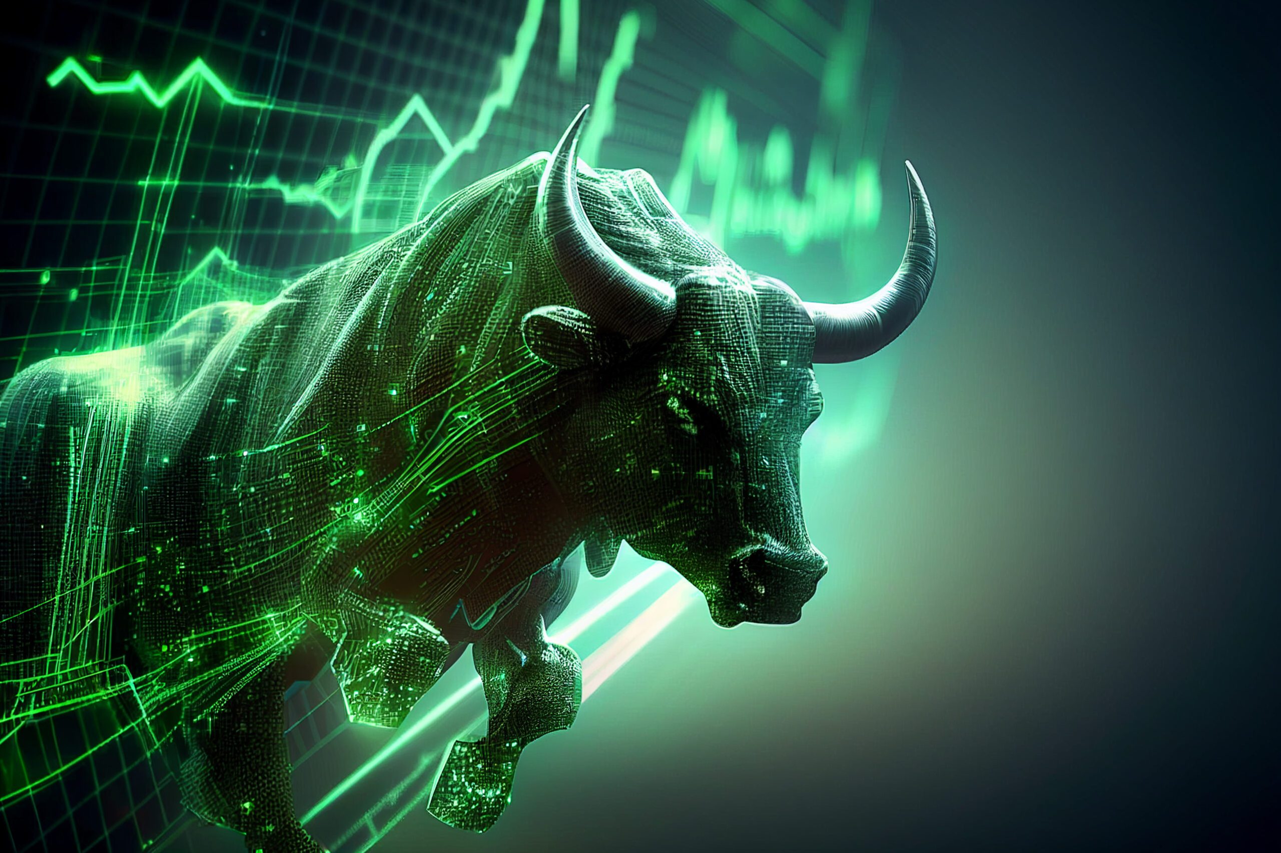 Stock market bull market trading Up trend of graph green background rising price Generative AI