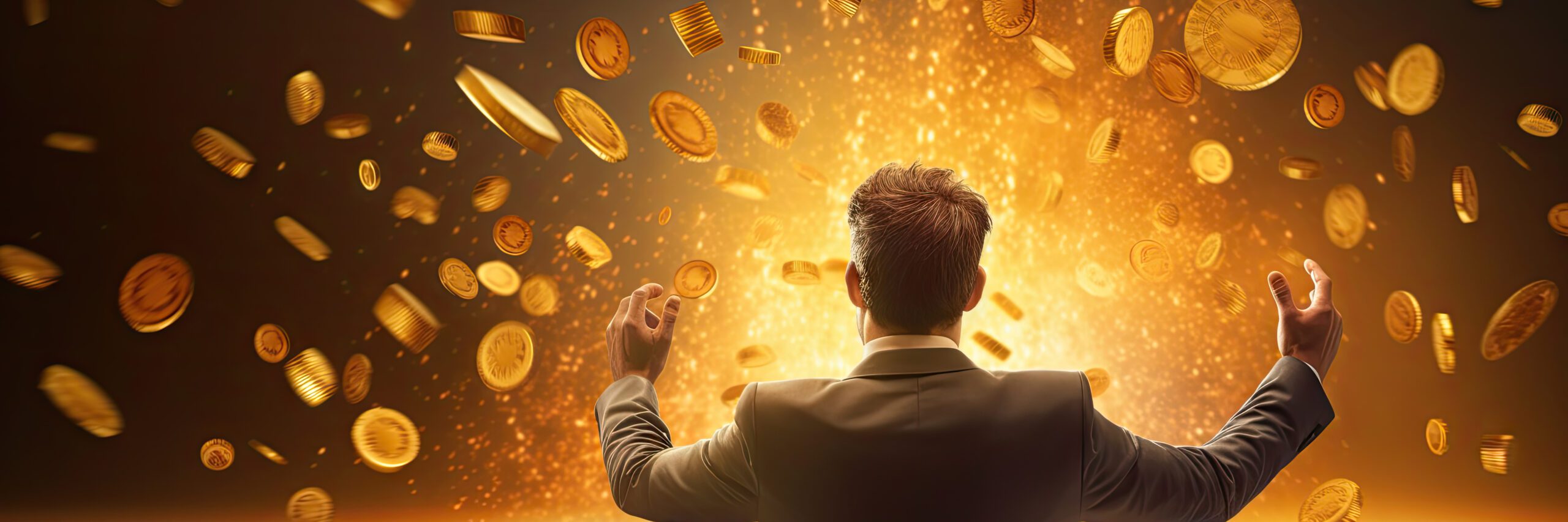 A businessman with golden coins poster with copy space Fictional Person Generative AI