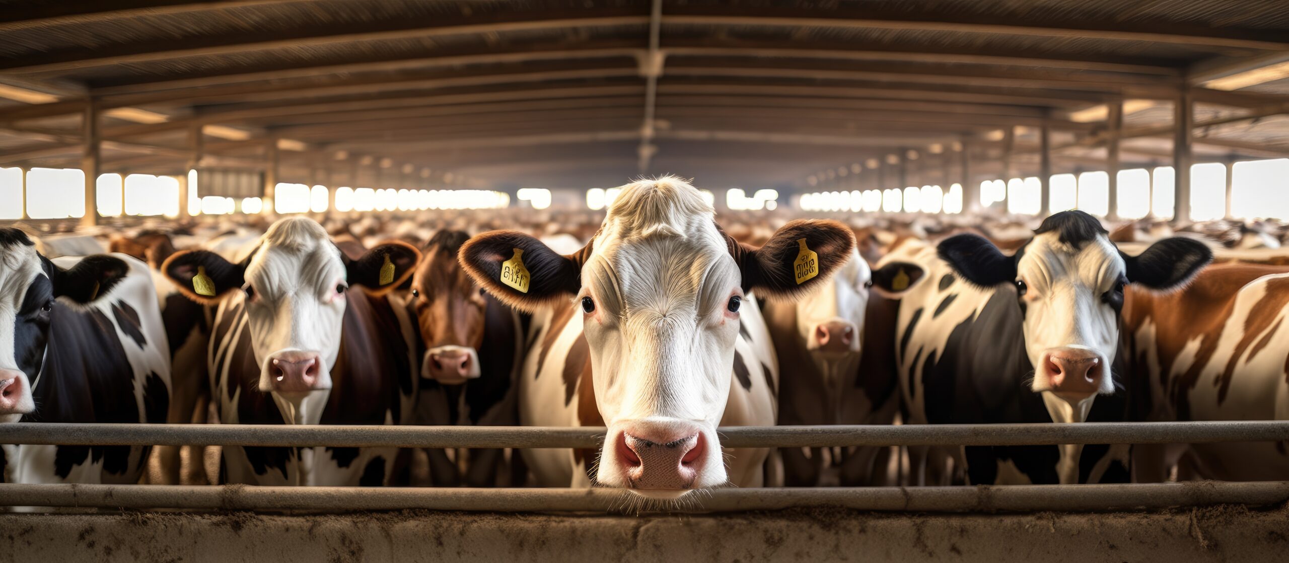 Cows in cowshed awaiting food on beef cattle farm