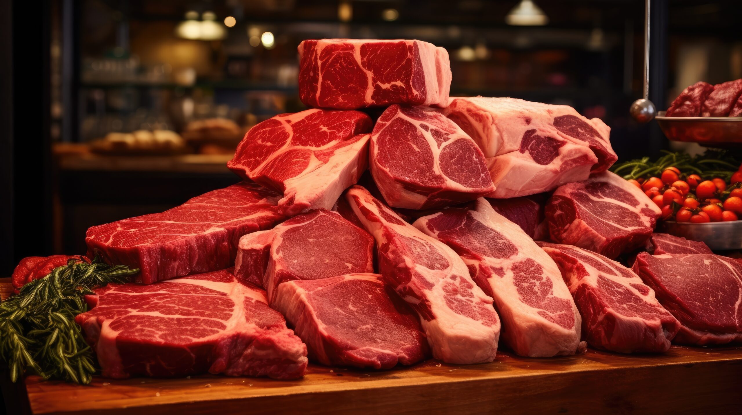 Different cuts of fresh raw red meat in supermarket variety of prime meat steaks angus T bone ribeye striploin tomahawk on display in a grocery store meat counter Generative ai