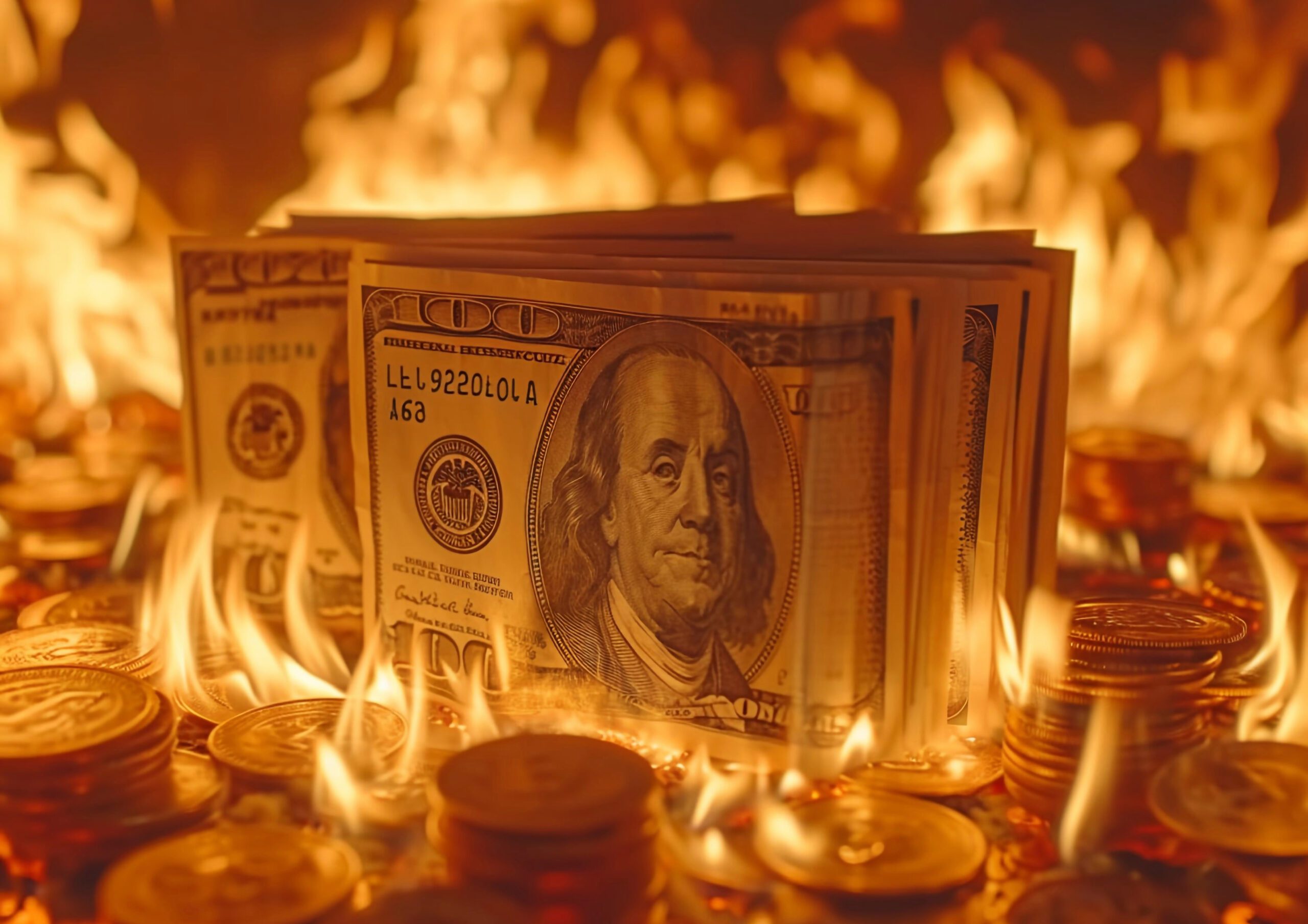 Dollar currency bancnote on fire as economic crisis conceptMacroAI Generative