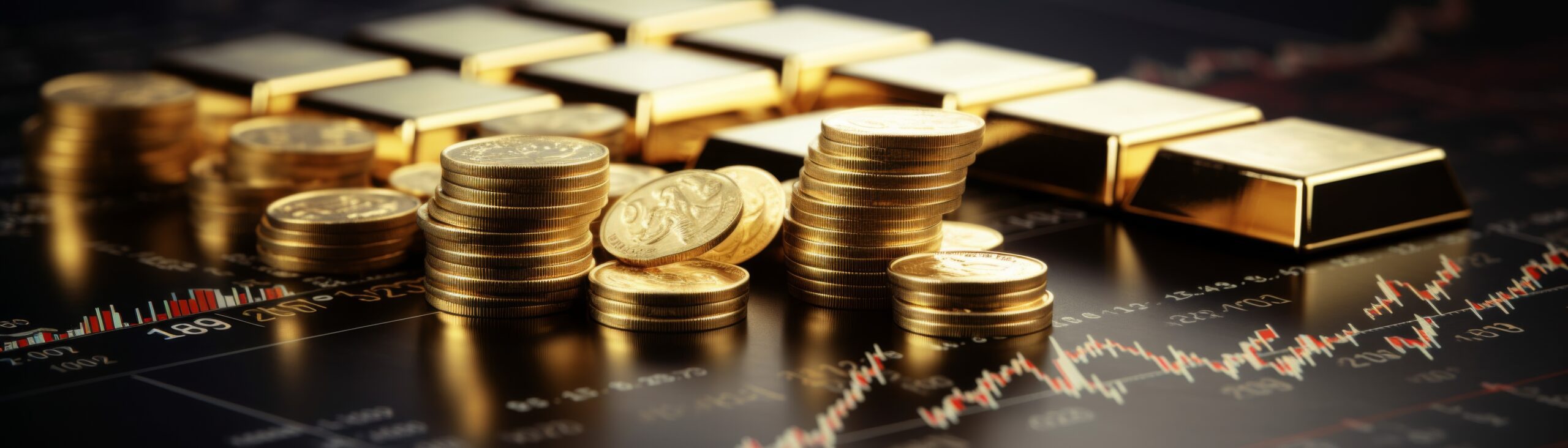 Stacks of gold coins and gold bars on a financial chart with candlestick patterns indicating market trends