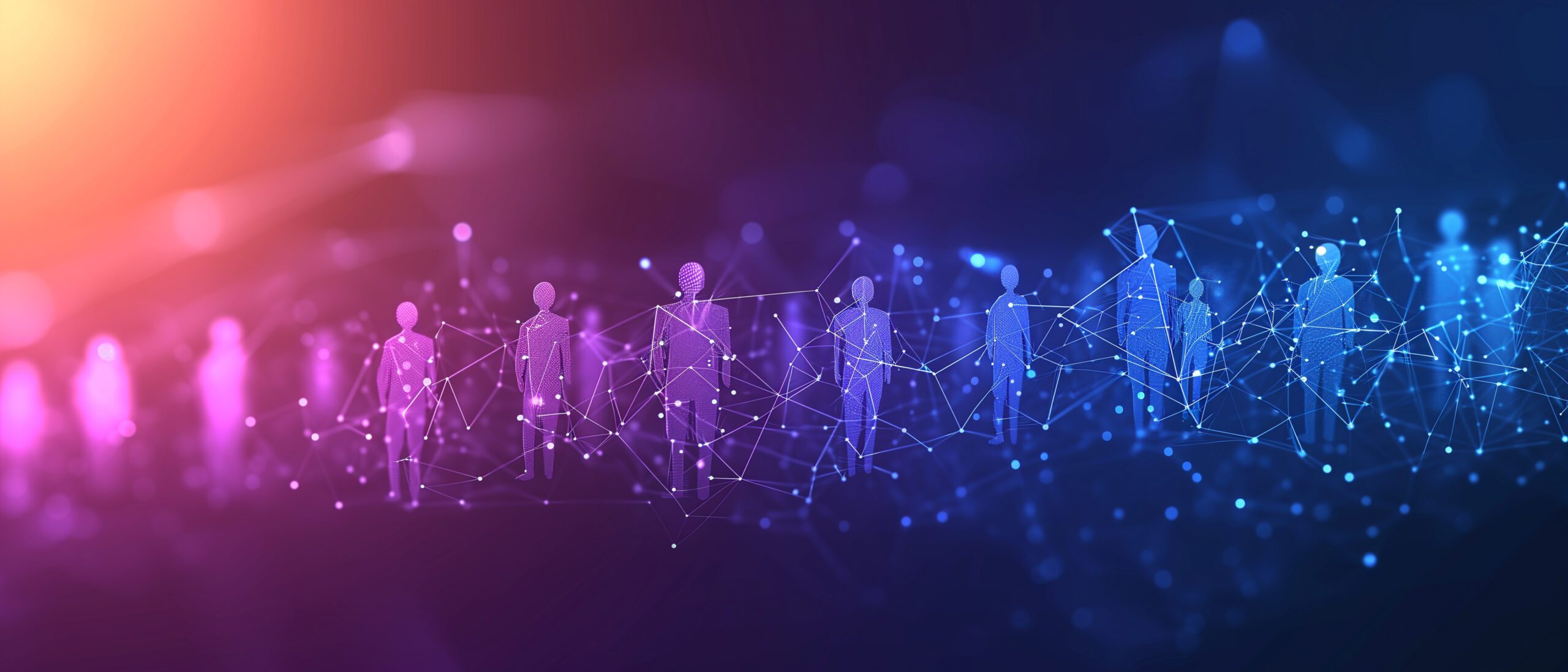 A visually striking banner celebrating unity and connection portraying diverse people shapes interlinked by dots and lines in a vibrant color palette of blue orange and purple Ai generated