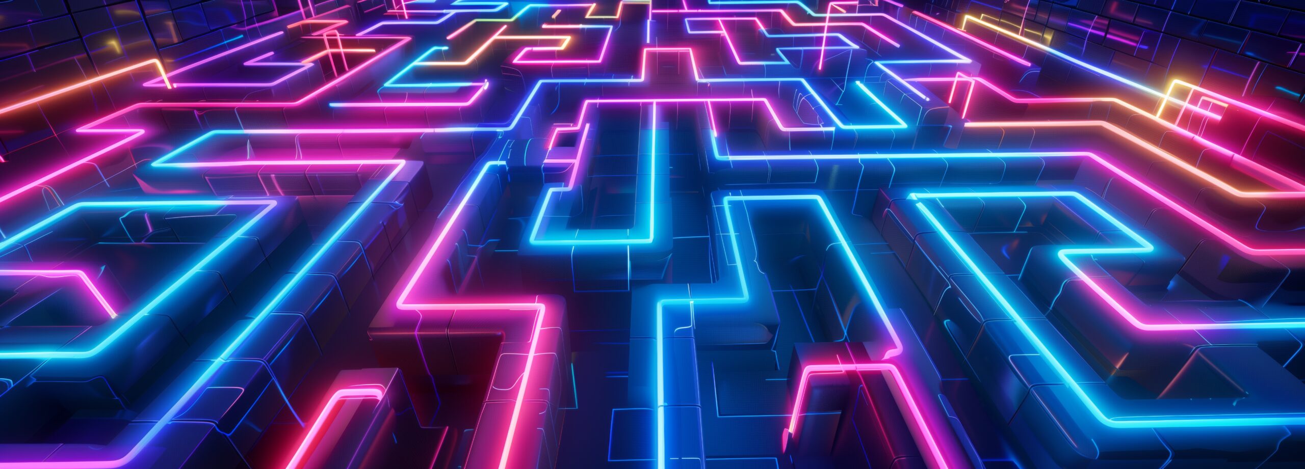 A large complex labyrinth maze with bright colored red and purple neon luminous walls Generative AI