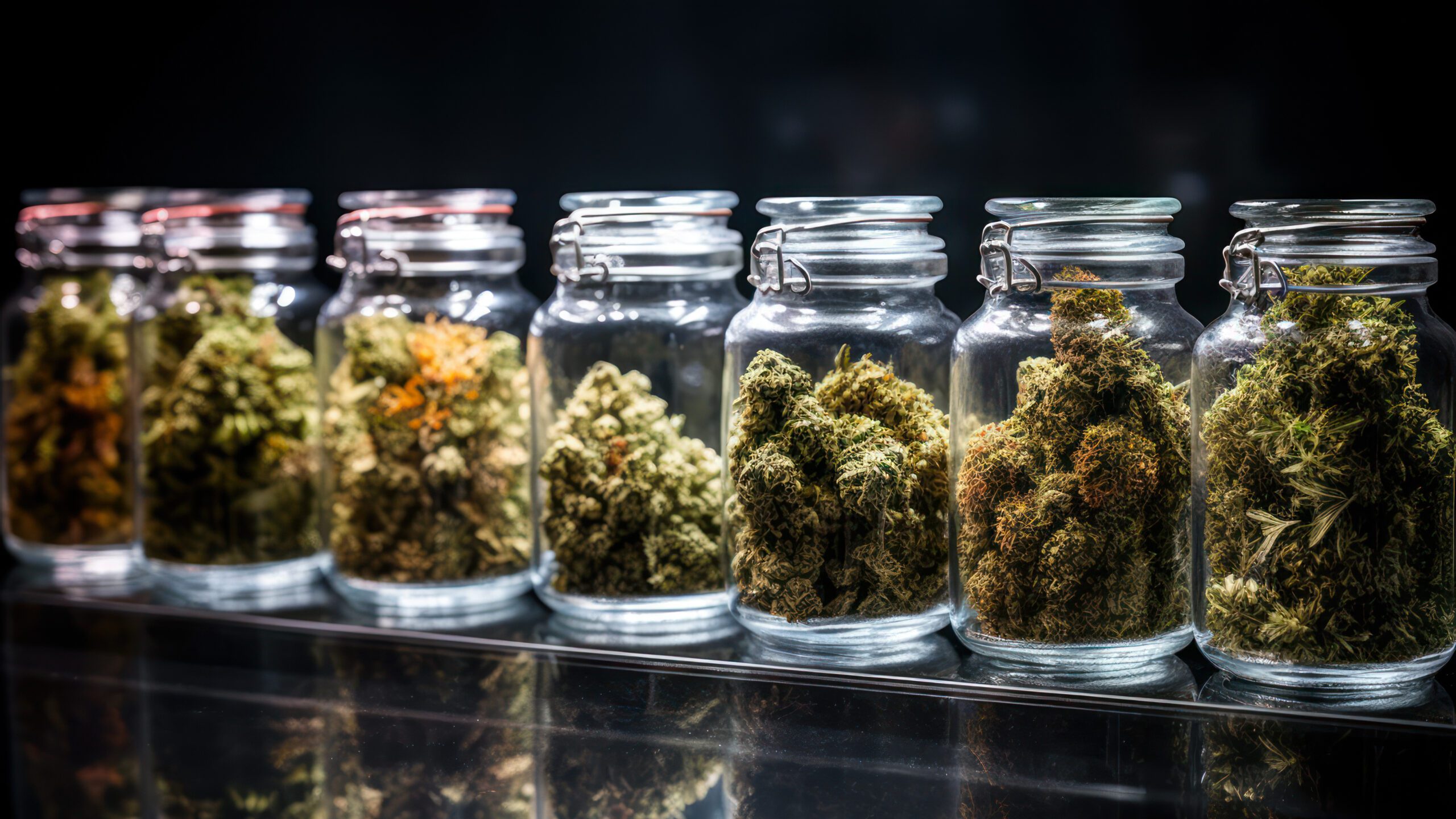 glass jars with different strain of cannabis display case with buds of medical marijuana generative ai