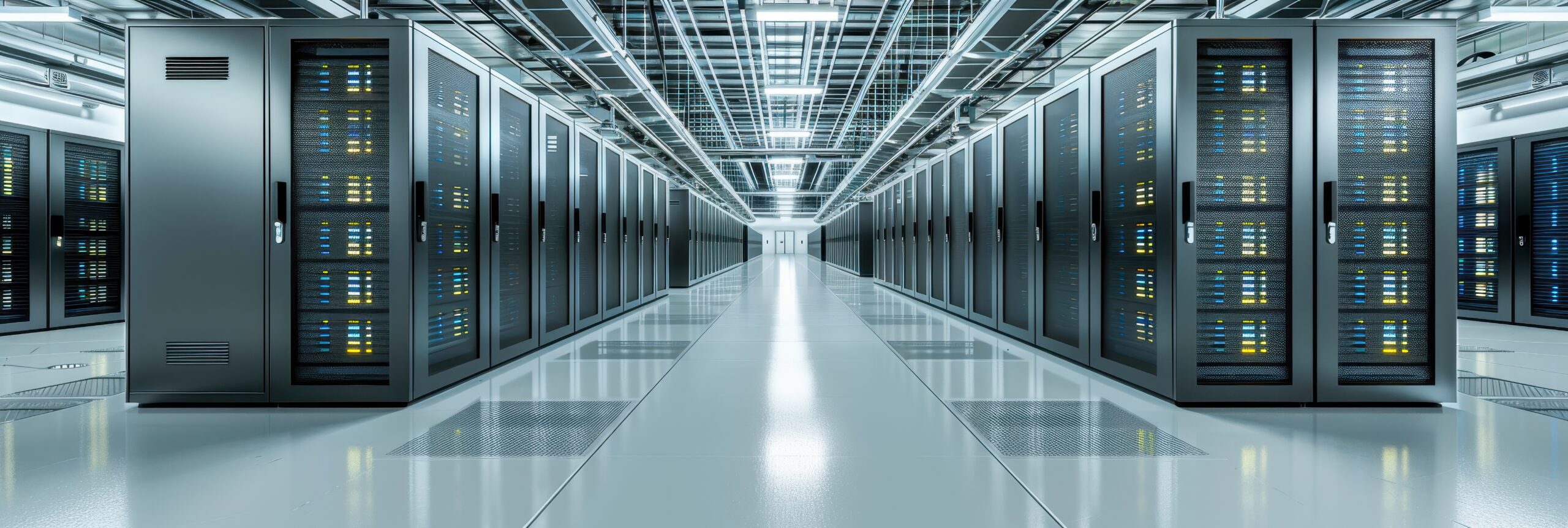 Panoramic view of a modern data center with rows of server racks illuminated with bright fluorescent lights and advanced cooling systems