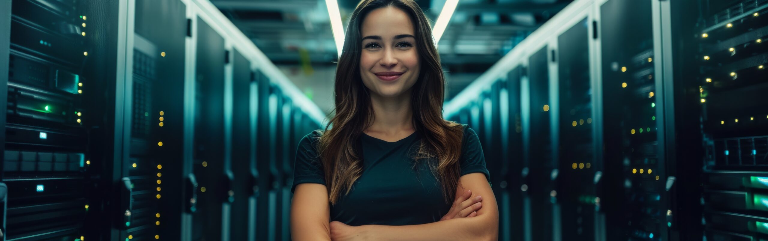 Smiling Hispanic woman IT worker standing confidently in front of a row of servers in a data center