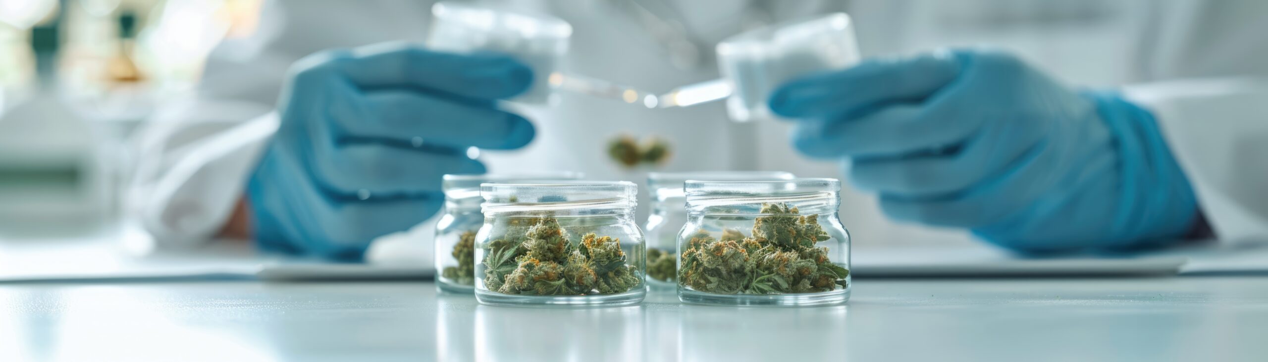 Scientist in a laboratory studying cannabis samples in jars wearing blue gloves and white lab coat conducting research on medical marijuana