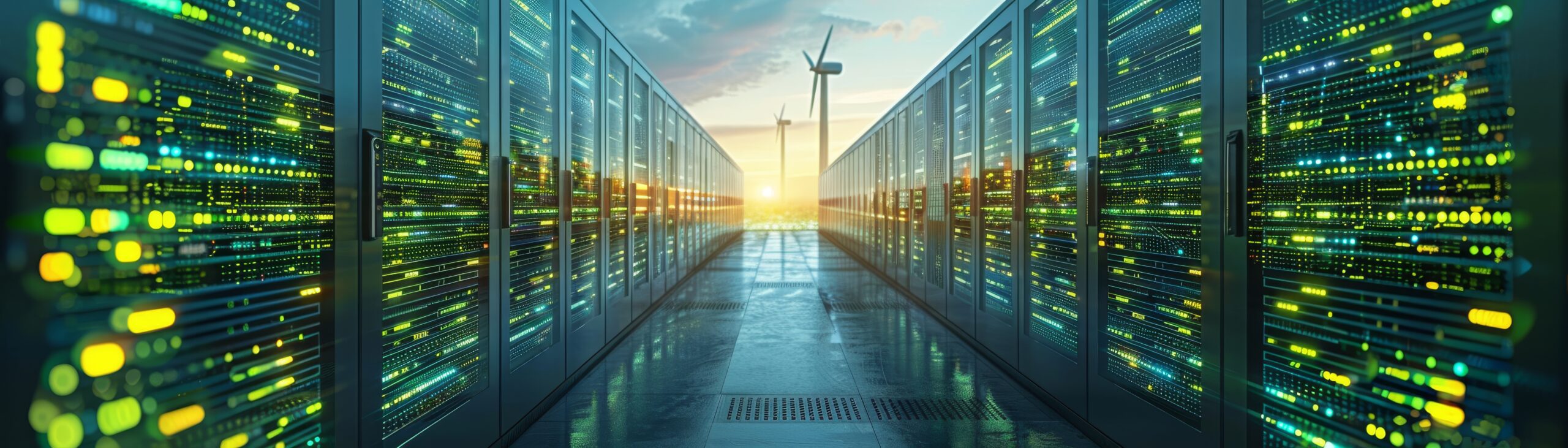 Sustainable green data center powered by wind turbines and solar panels eco friendly technology illustration with copy space for text