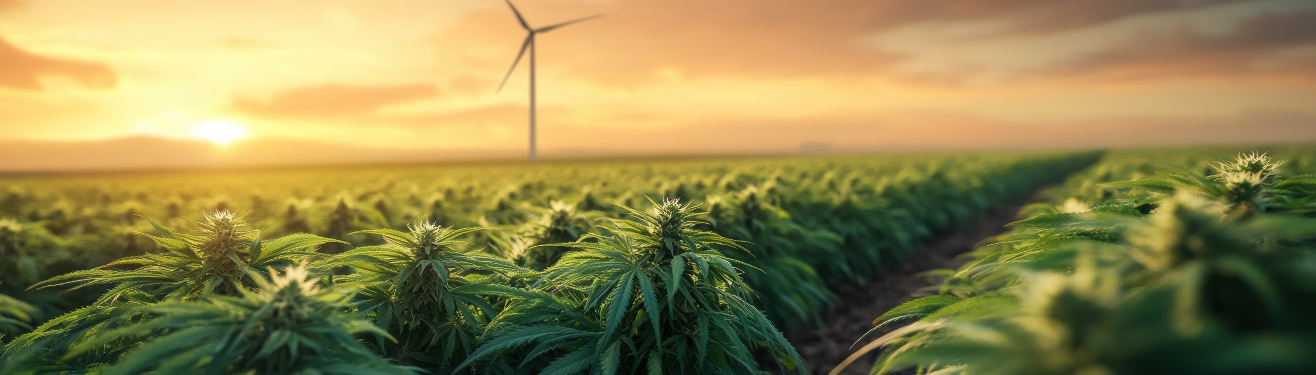 A vibrant field of cannabis plants stretches under a golden sunset complemented by a wind turbine showcasing sustainable agriculture and renewable energy