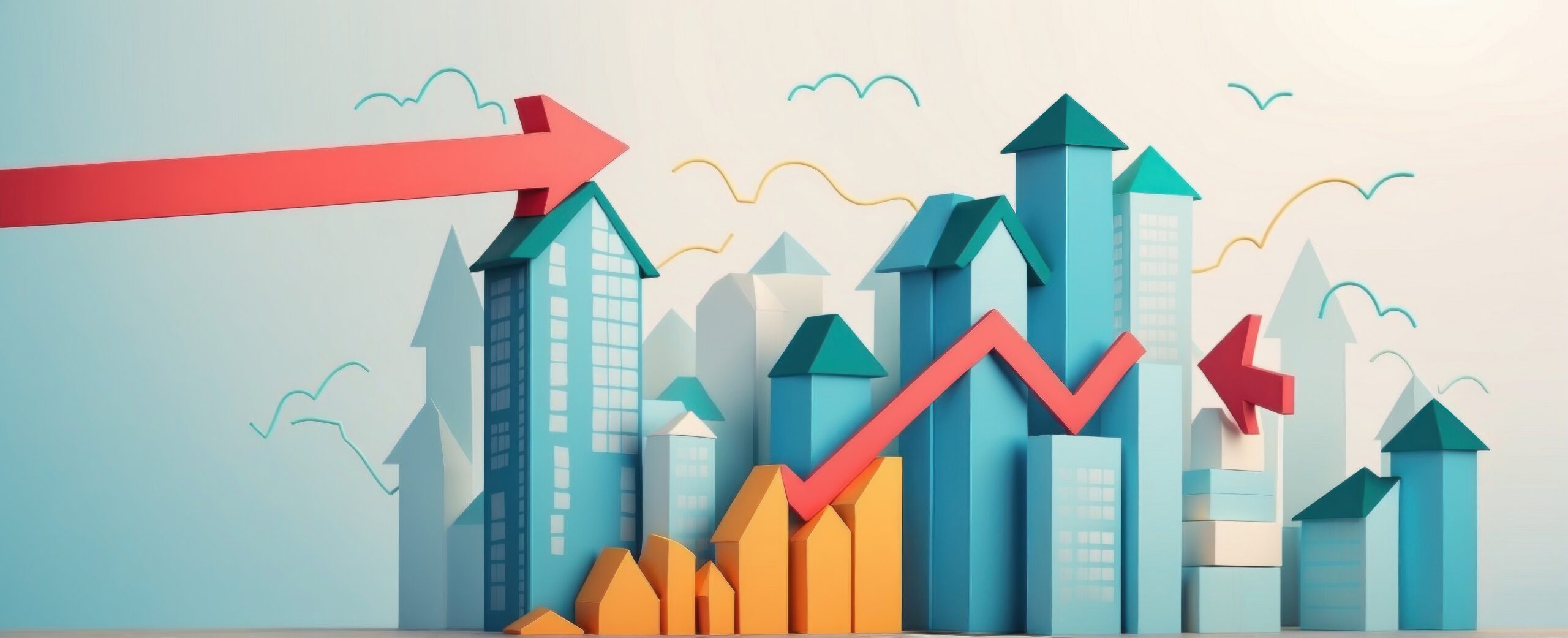 graphic representation of the increase in the value of the home and the mortgage Illustration of houses and arrows representing home prices and mortgage inflation all in vibrant colors