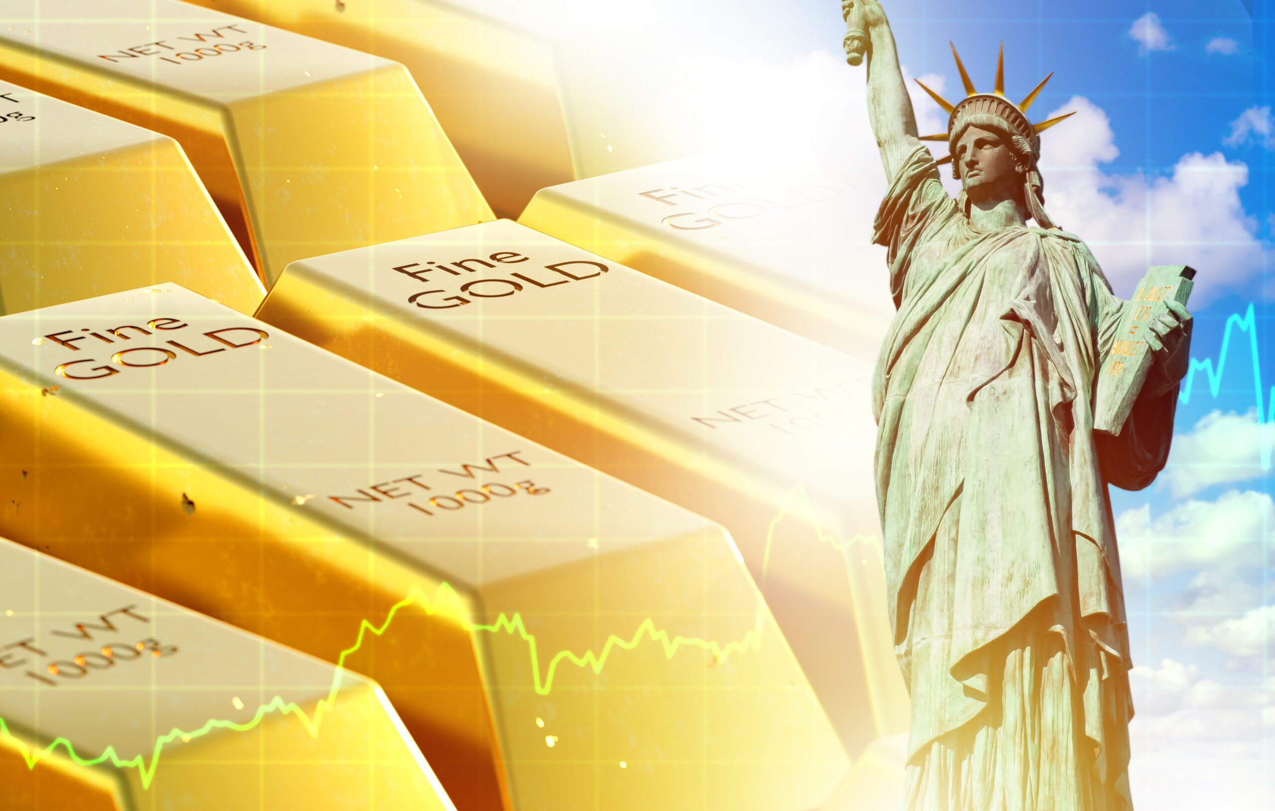 US gold reserve fund Statue of liberty Pure gold bars Rising prices for precious metals in US Golden bullion for accumulating wealth Increasing volumes of gold in US vaults Investments in aurum