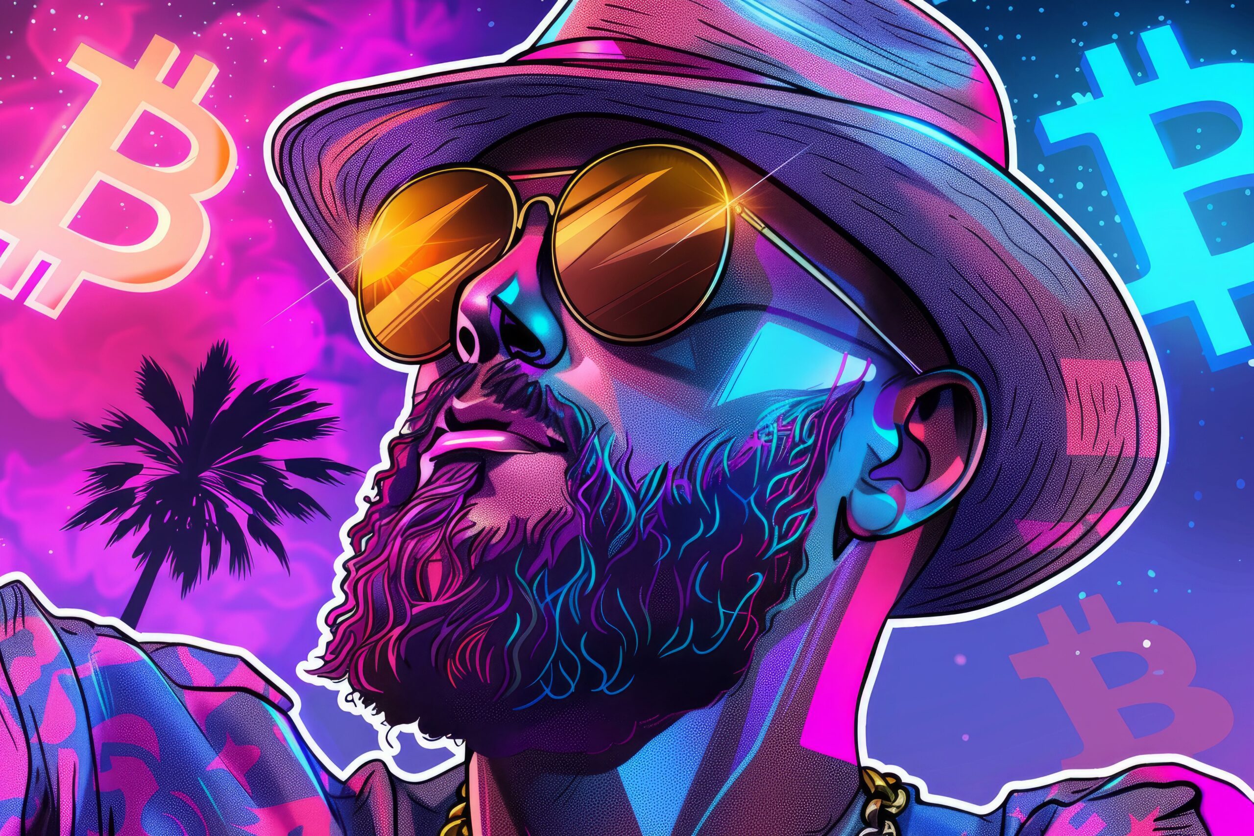 Bearded man wearing sunglasses and hat enjoying bitcoin wealth