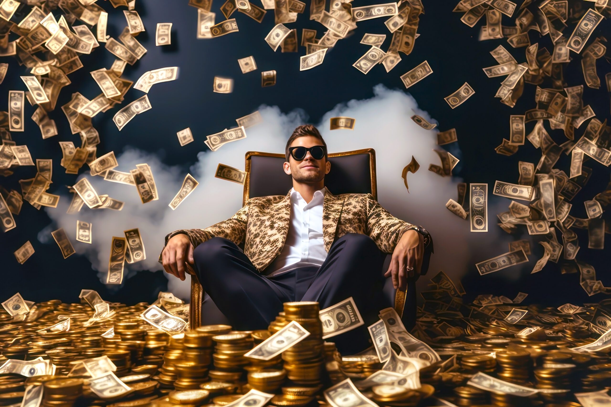 Conceptual portrait of a smiling successful handsome young man sitting relaxing carelessly airily and light heartedly enjoying his success surrounded by his gold and money Generative AI