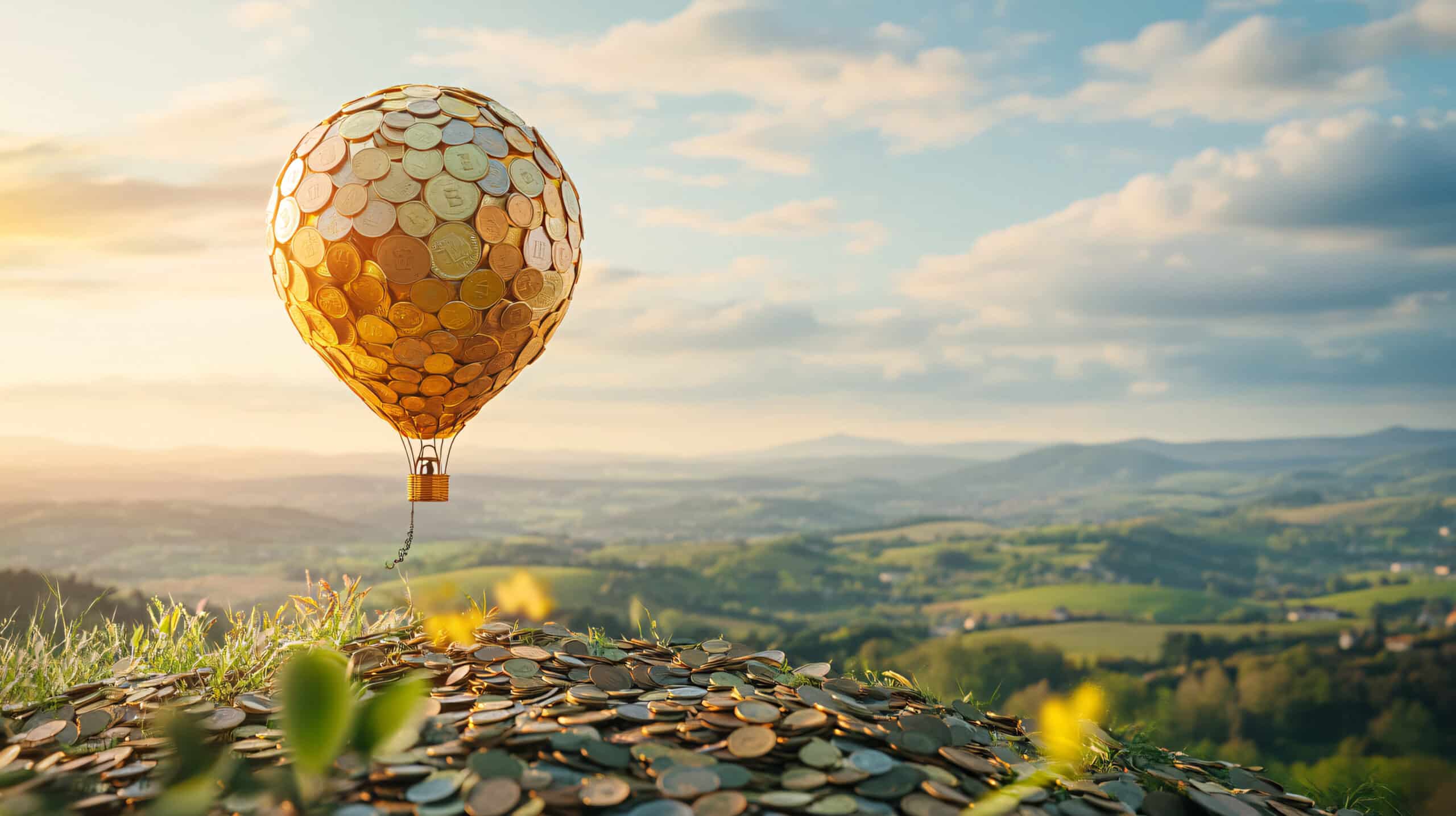 A vibrant hot air balloon made of coins floating above a landscape filled with possibilities while a person holds the tether representing control over their financial journey