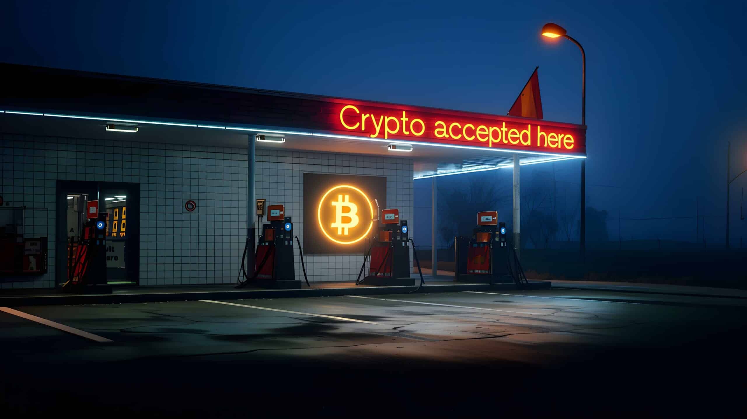 Gas station displays Crypto accepted here sign