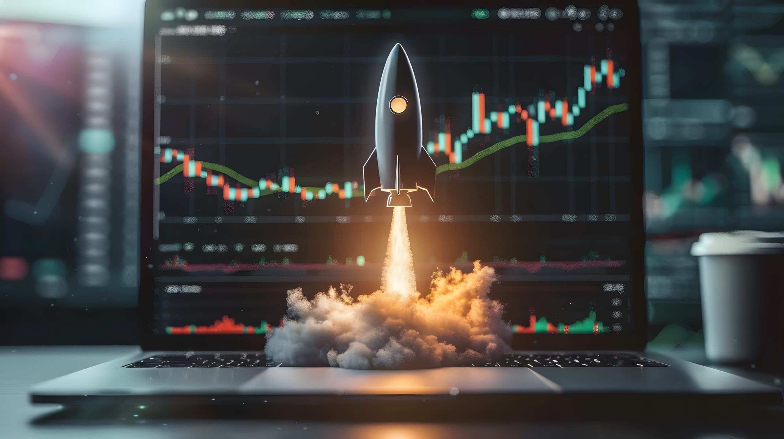 Rocket launch with bullish market chart on laptop screen Up trend stock and cryptocurrency concept