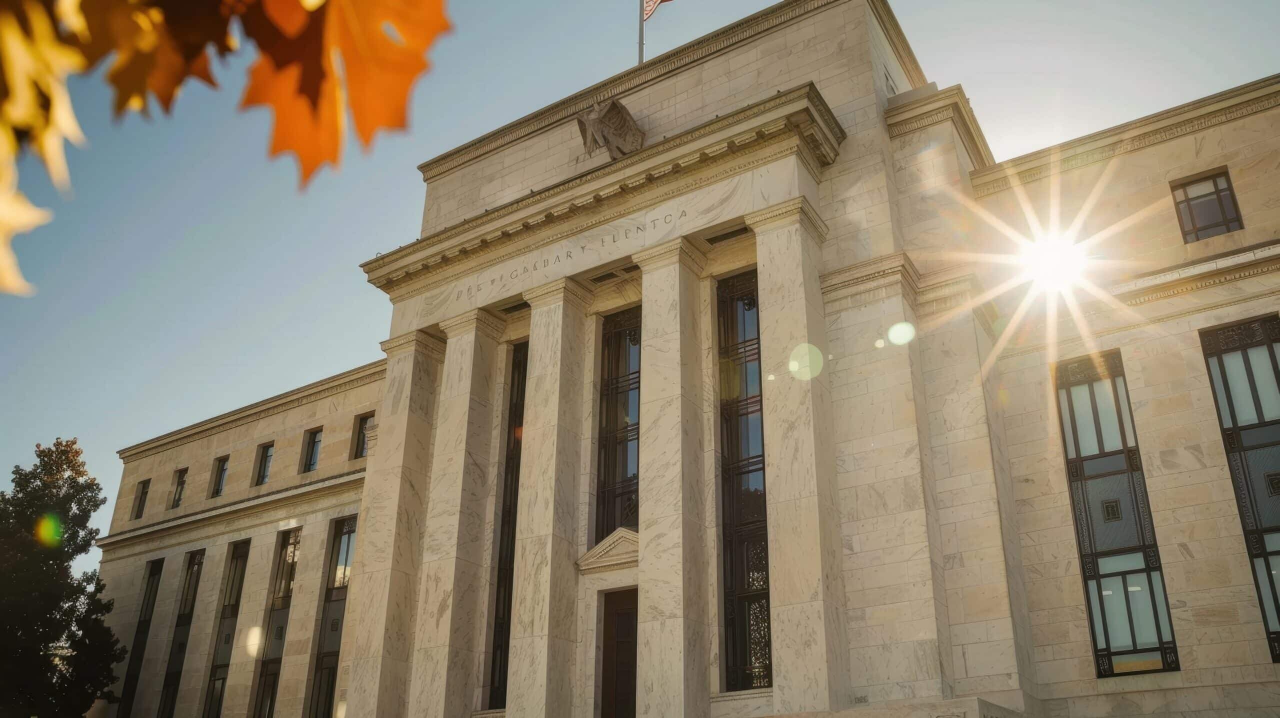 the Federal Reserve building with analysts discussing economic data showcasing a formal and strategic setting in a government office emphasizing monetary policys impact on business