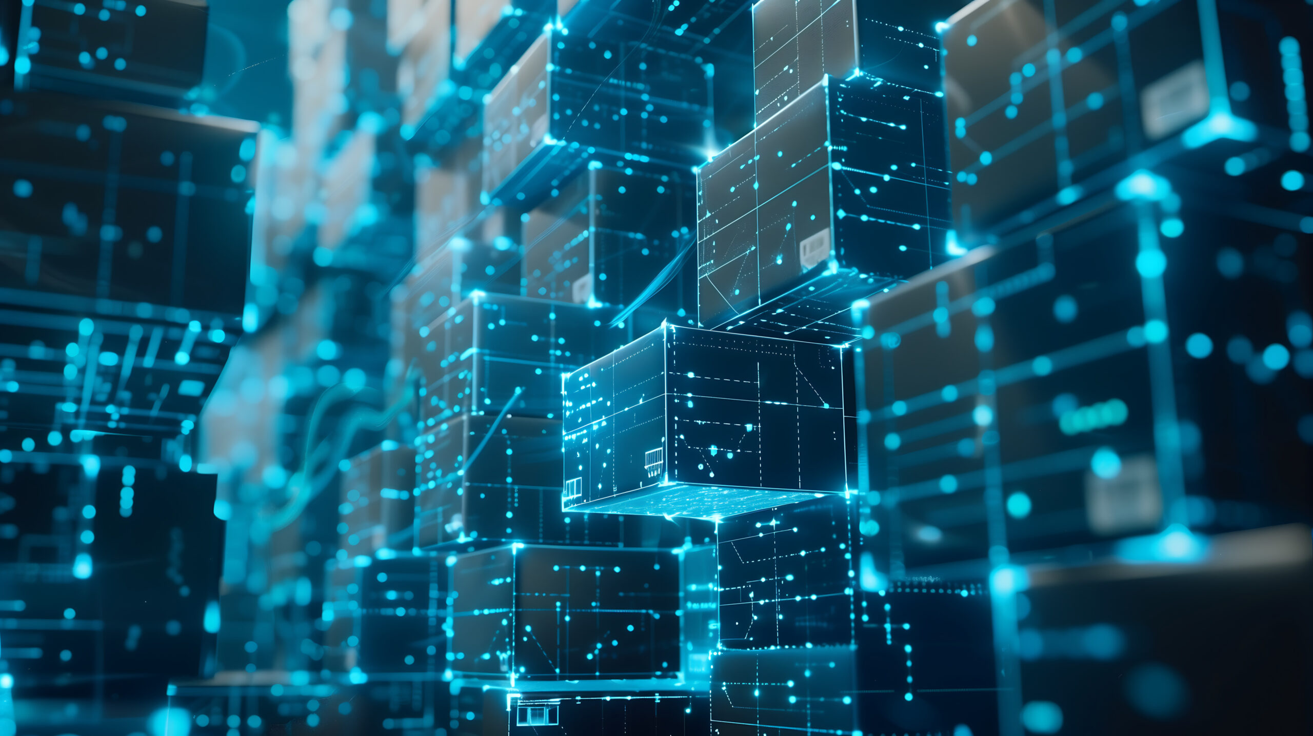 futuristic warehouse with interconnected glowing blue digital lines and floating boxes representing an AI driven supply chain management system optimizing logistics