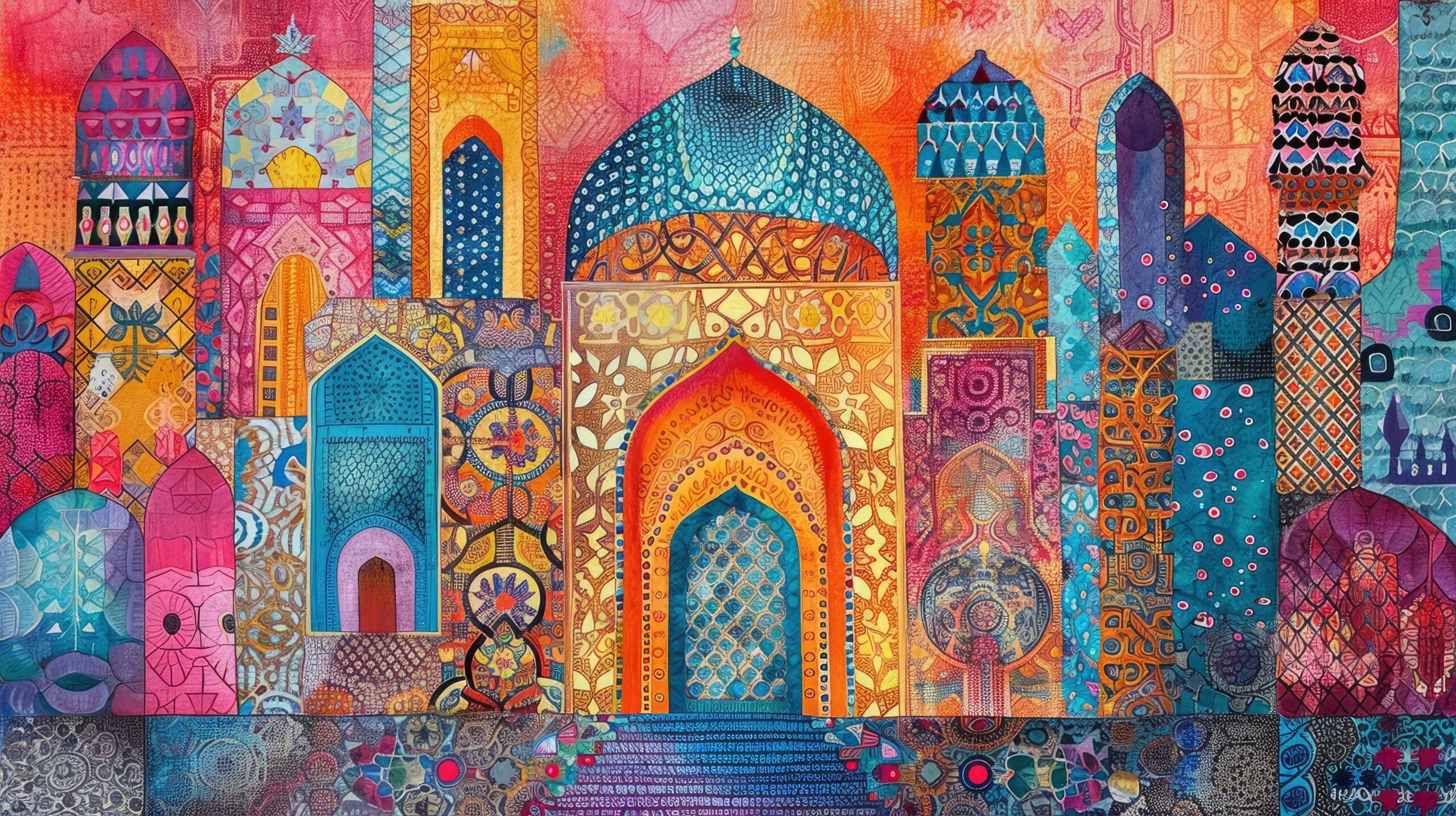 Islamic drawing of a colorful painting with various patterns