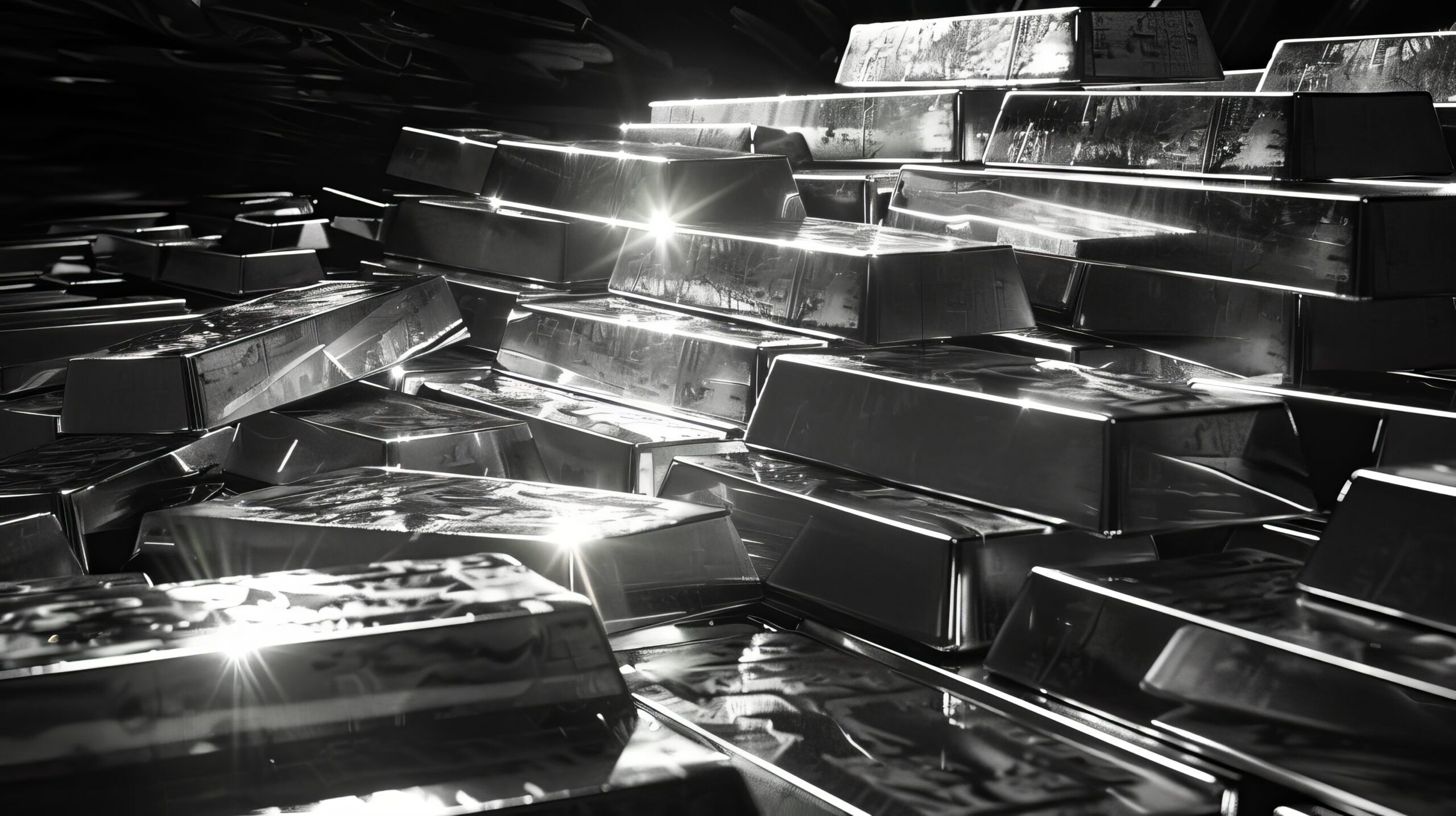 Reflective surfaces of a massive silver bar pile capturing light rays displaying an impressive wealth symbol