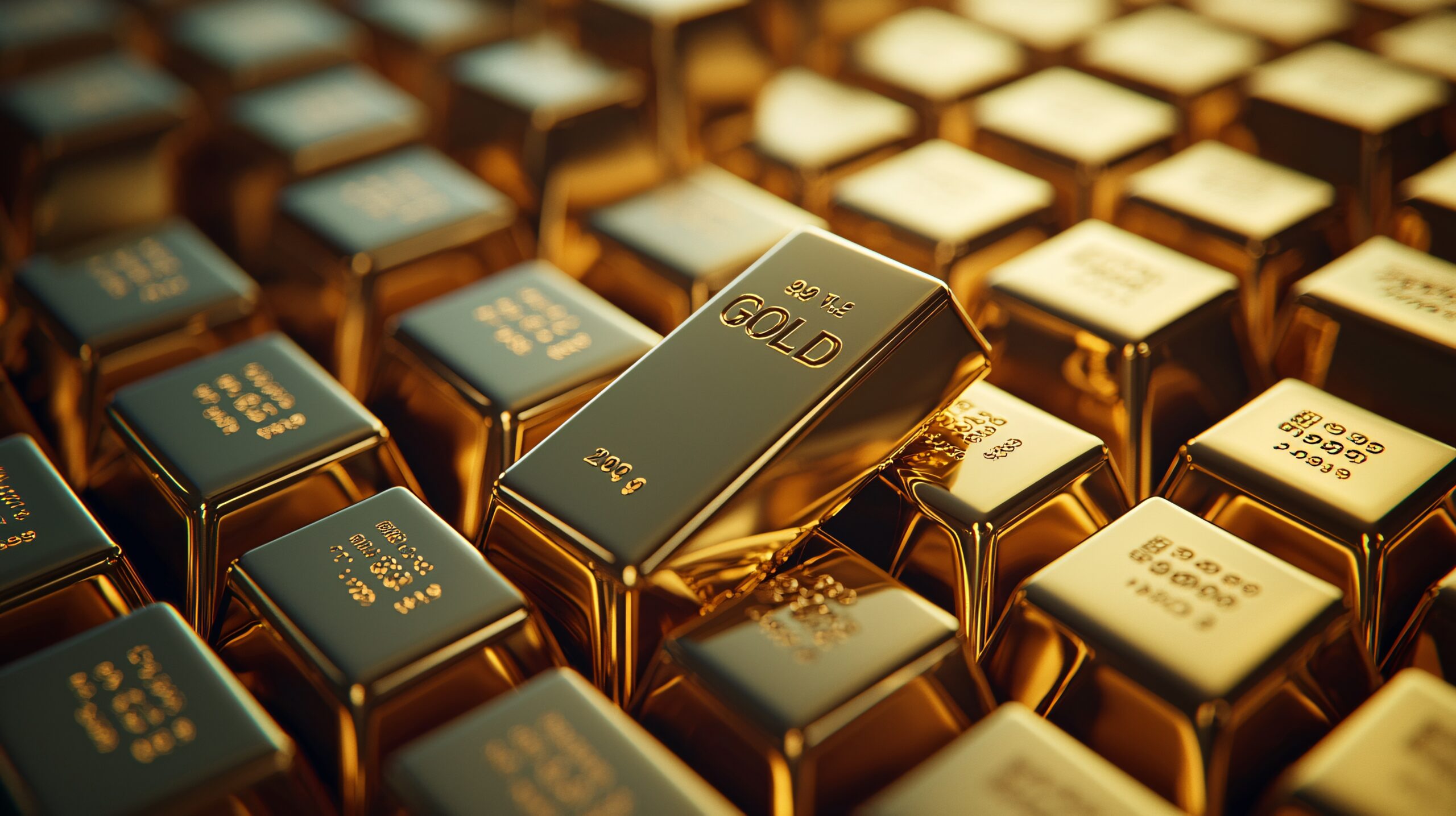 A close up of gold bullion bars stacked light glinting off the edges detailed texture of each bar financial data overlay with stock market graphs in the background