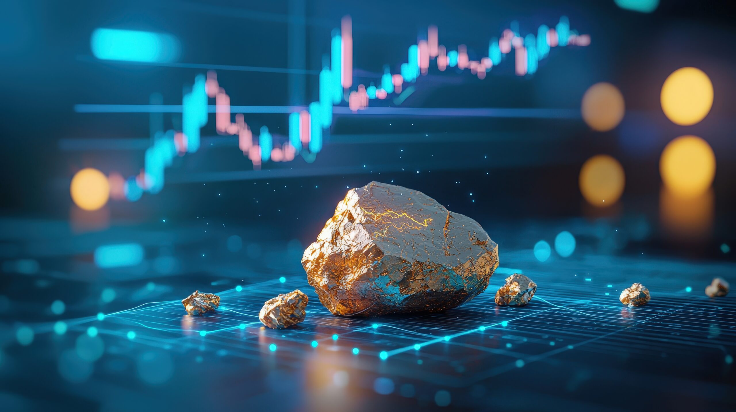 Golden Rocks on Blue Stock Market Background