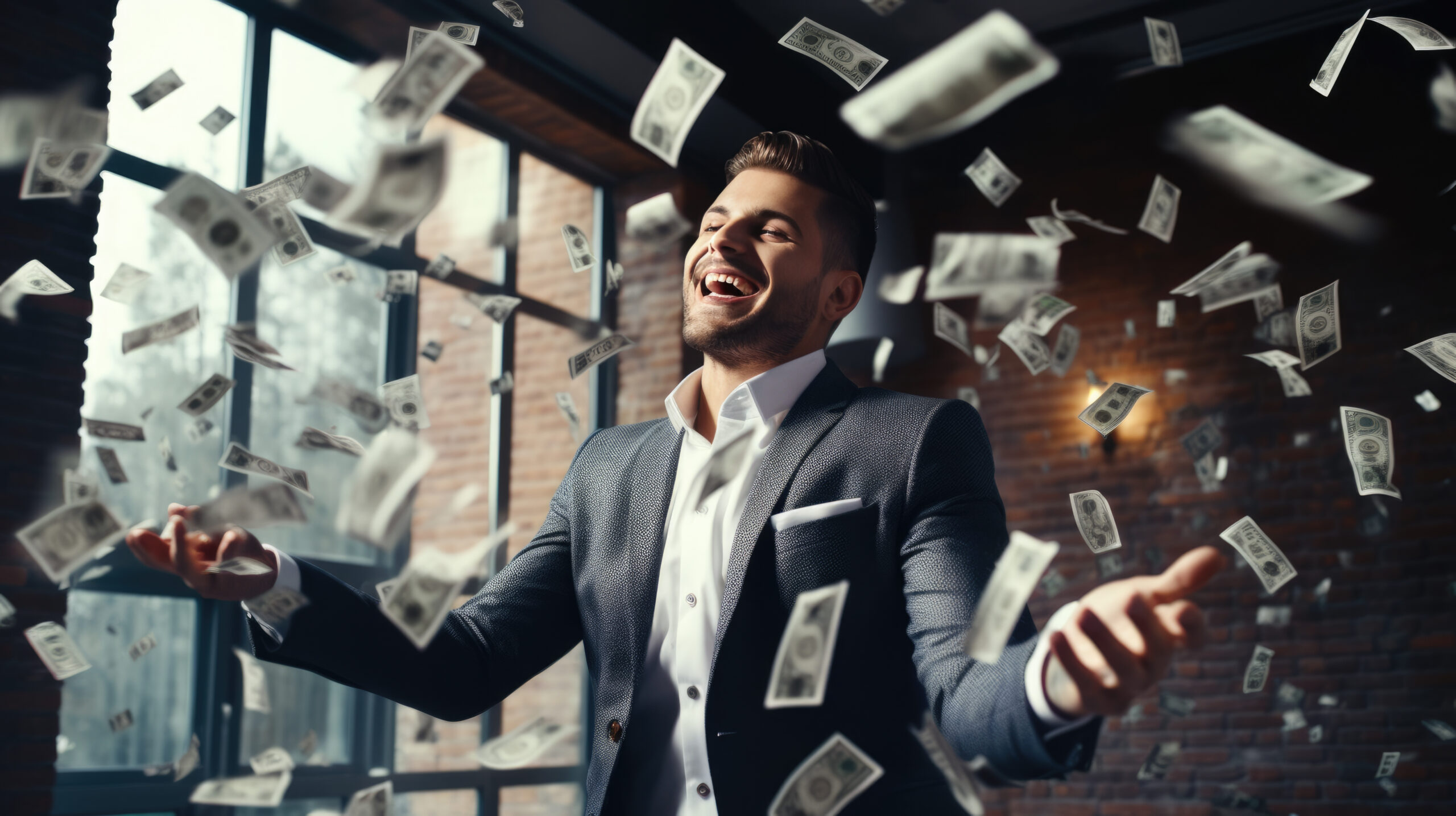 Attractive businessman stands under money fly rain Created with Generative AI technology