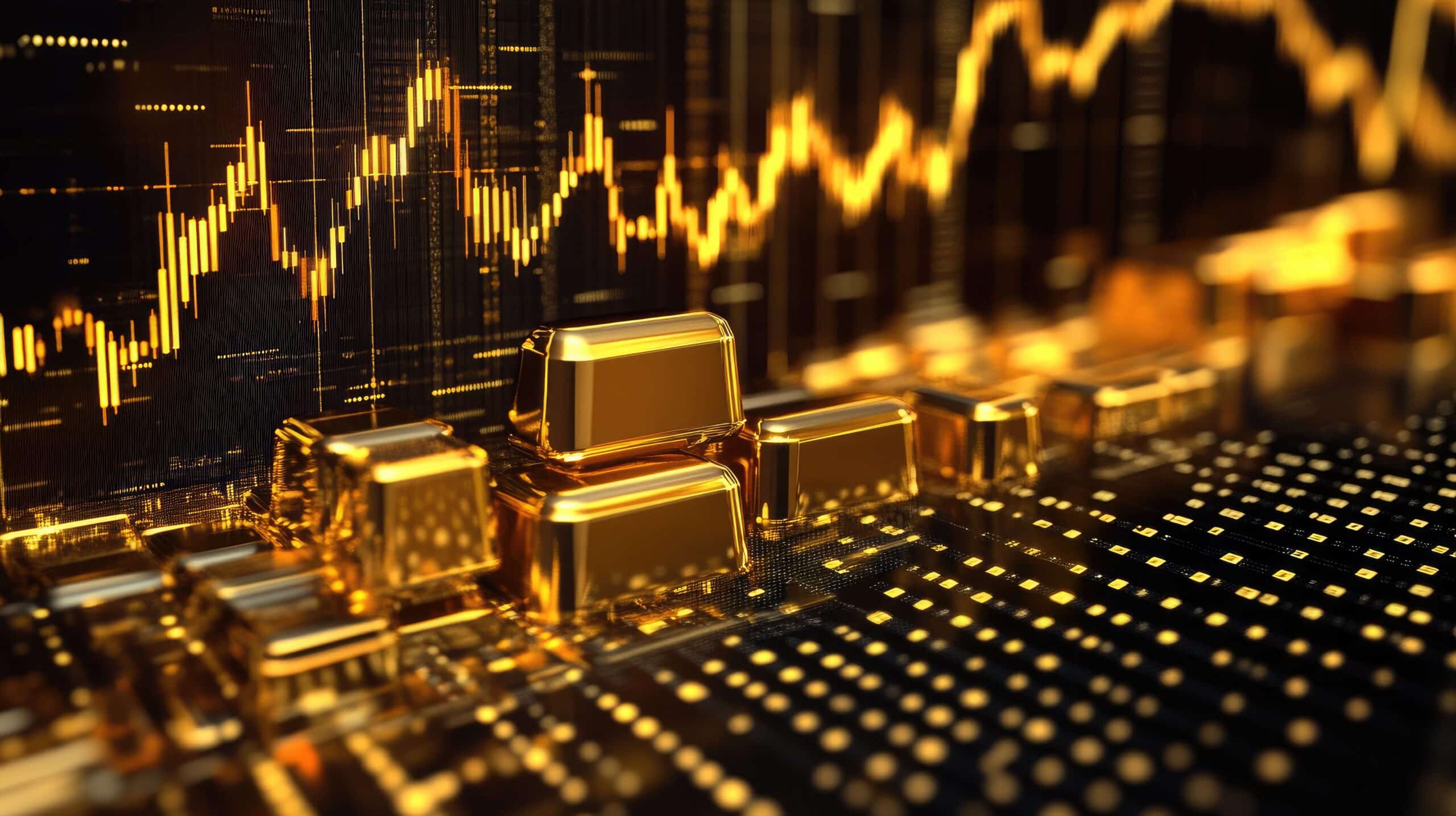 A dynamic gold chart with a rising line overlaid with digital icons stock data and gold bars representing growth in gold prices